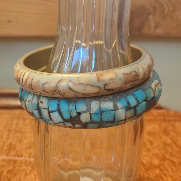 Vtg 70s Set of 2 BRASS MOSAIC Stone Chunky BANGLEs BRACELET Hippie BOHO Artisan - Picture 3 of 7